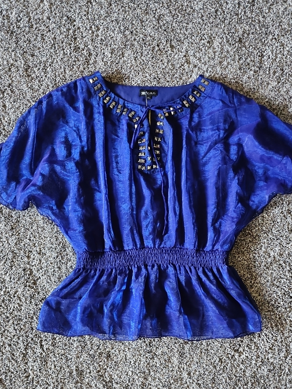Womens Royal Blue Embellished Smocked Waist Peasant Top 1XL